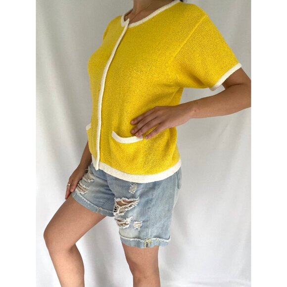 90s vintage yellow knit beach vacation slouchy fun short sleeved button up shirt - Picture 4 of 8